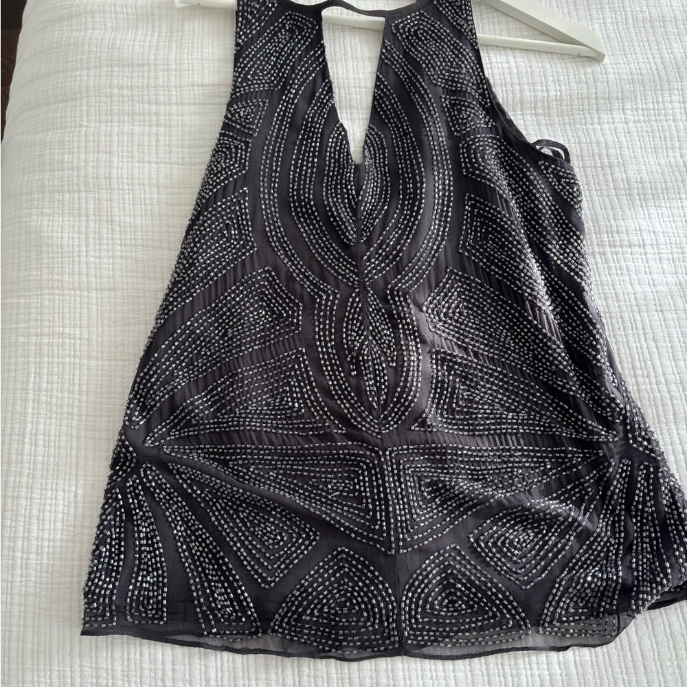 Parker Dark Grey Beaded Sleeveless Top. Size Medium. Keyhole front and back.